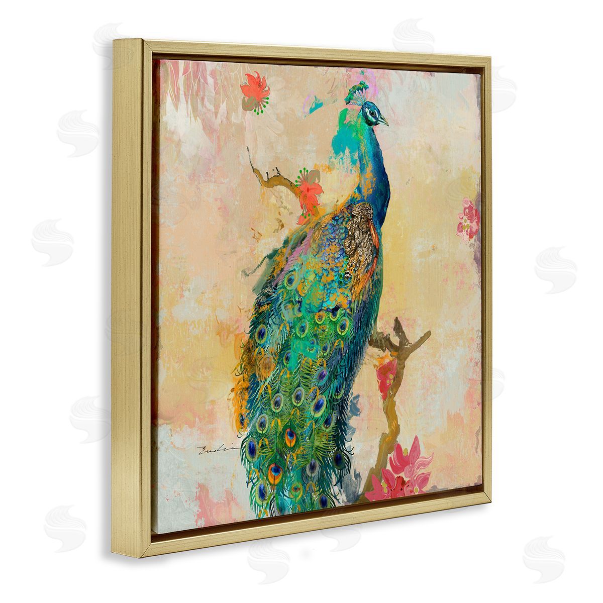 Evelia Designs Modern Peacock Cherry Blossoms Gold Floating Frame Canvas Wall Art Print