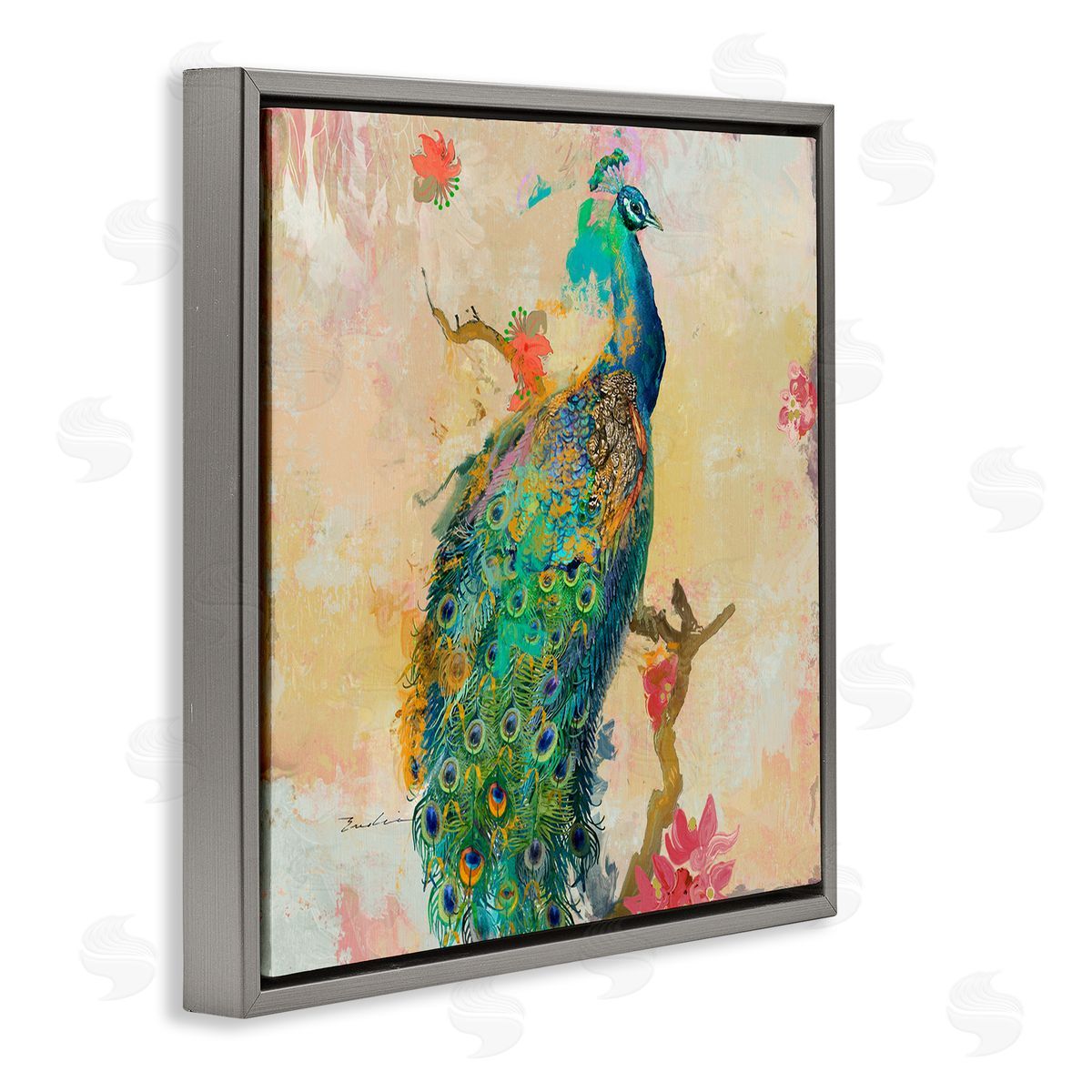 Evelia Designs Modern Peacock Cherry Blossoms Gray Floating Frame Canvas Wall Art Print