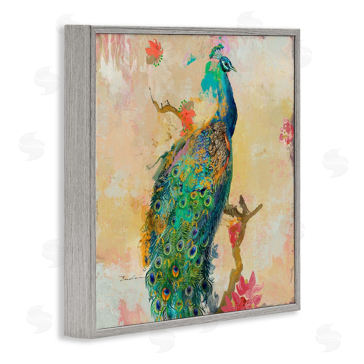 Evelia Designs Modern Peacock Cherry Blossoms Gray Framed Glicee Wall Art Print