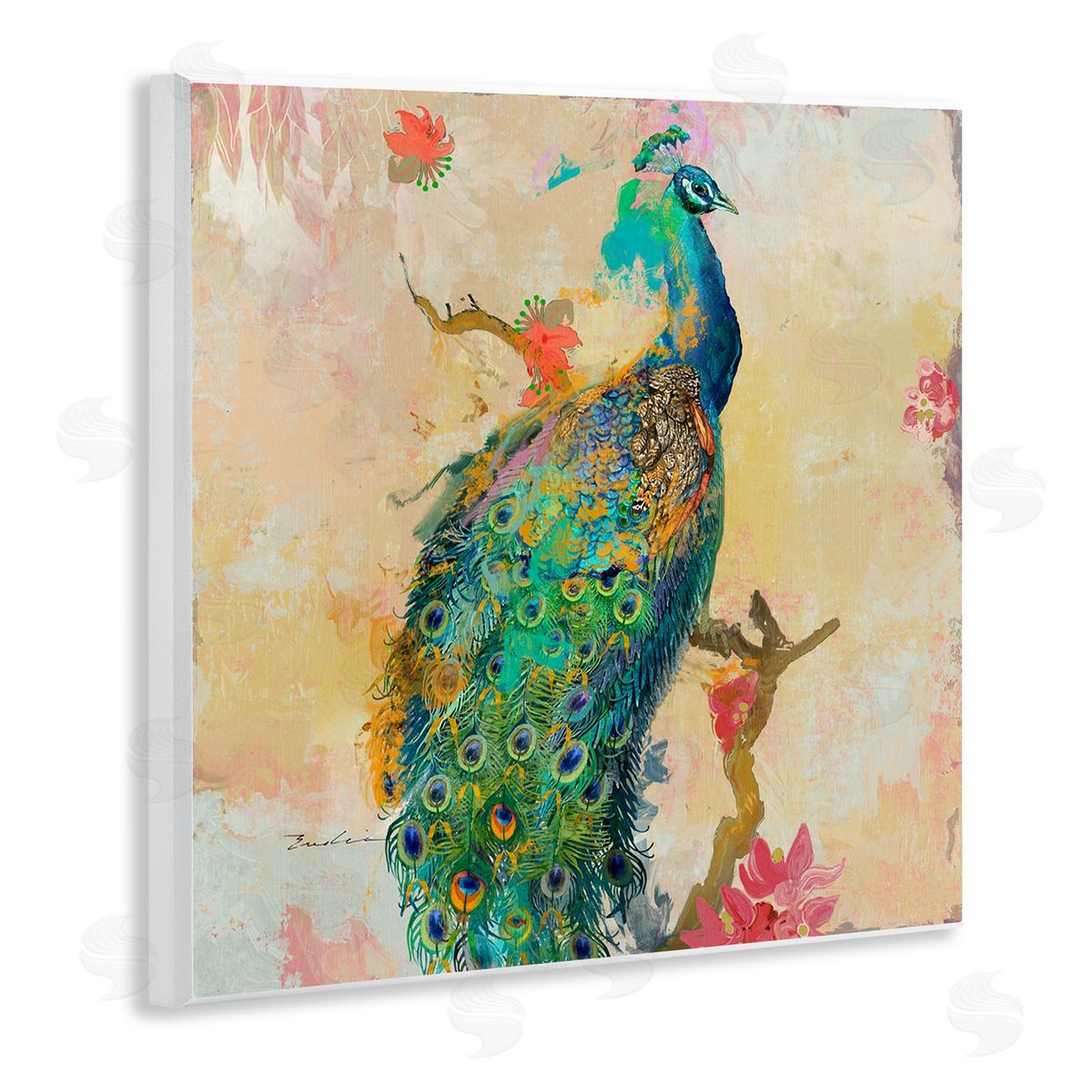 Evelia Designs Modern Peacock Cherry Blossoms Wooden Wall Plaque Art Print