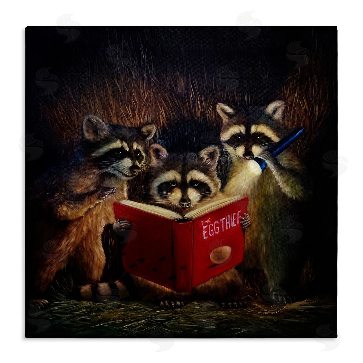Lucia Heffernan Fun Raccoon Trio Reading Book Stretched Canvas Wall Art Print