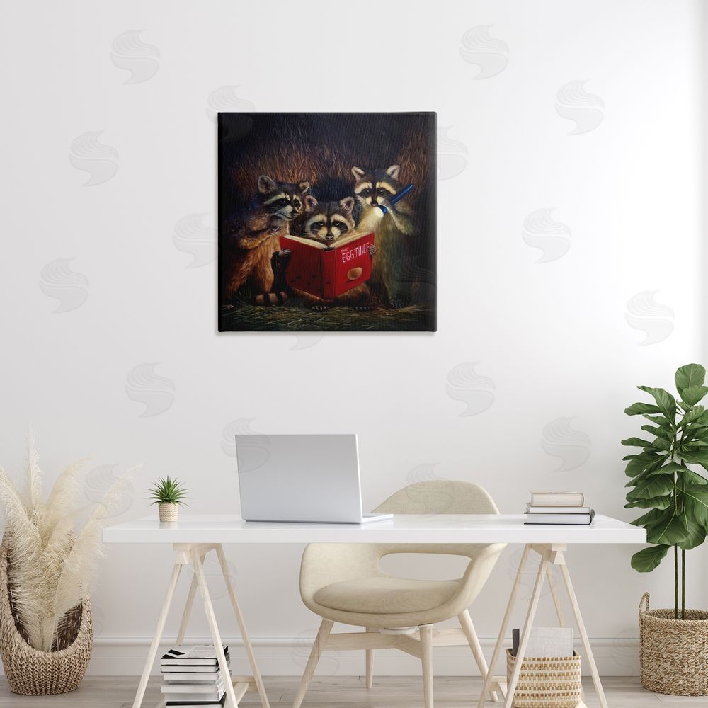 Lucia Heffernan Fun Raccoon Trio Reading Book Canvas Wall Art in Room