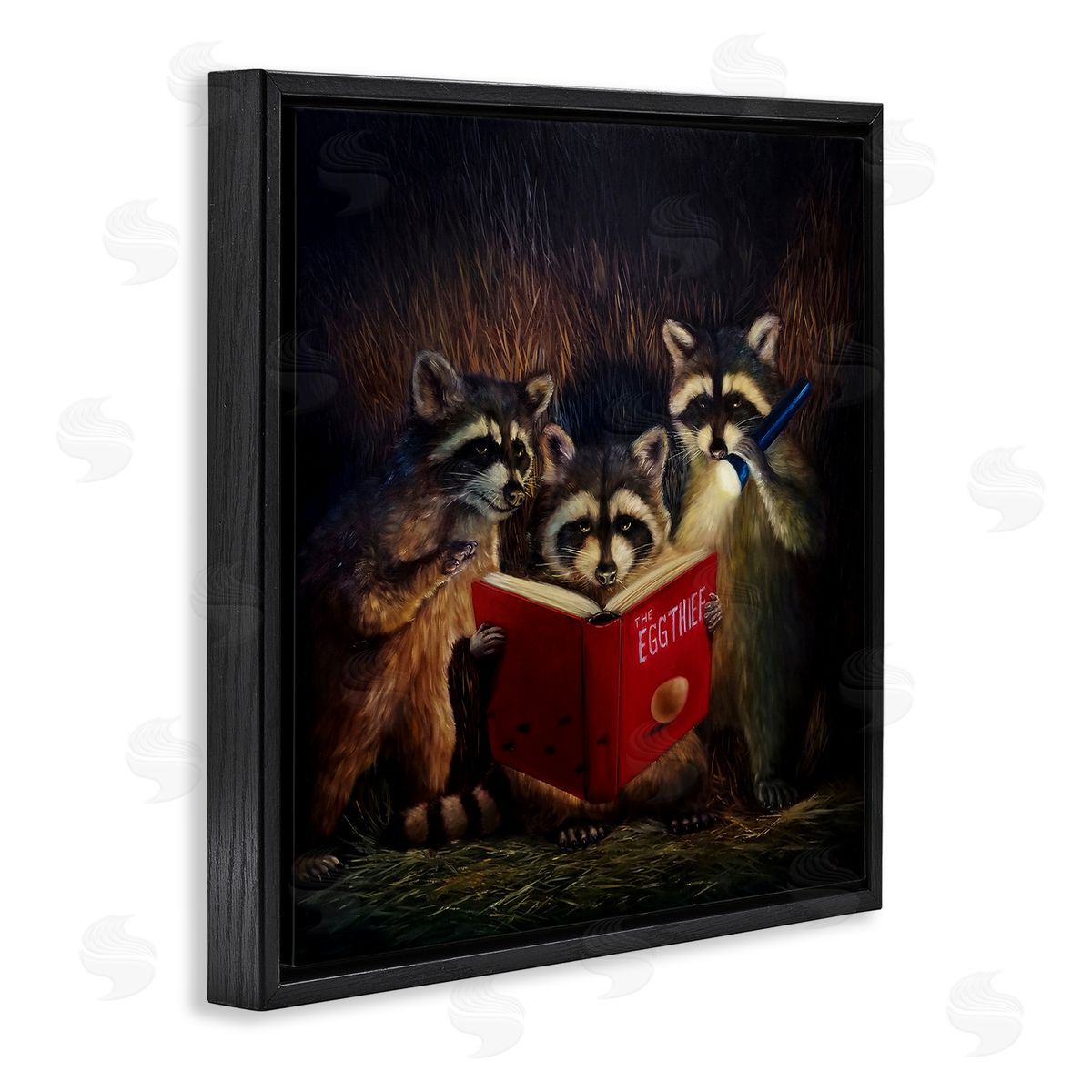 Lucia Heffernan Fun Raccoon Trio Reading Book Black Floating Frame Canvas Wall Art Print