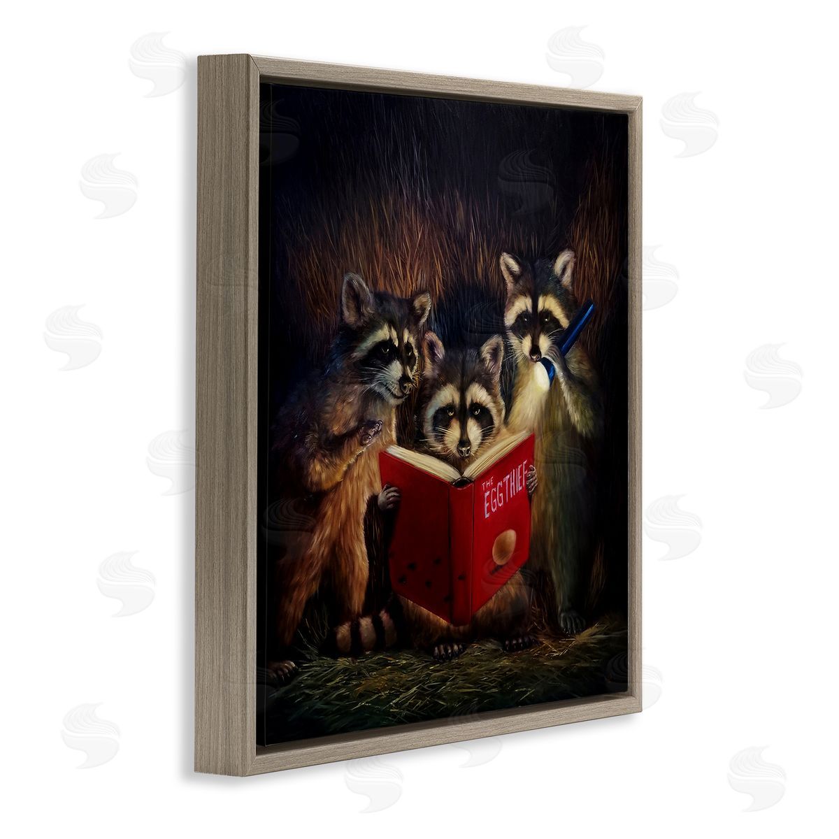 Lucia Heffernan Fun Raccoon Trio Reading Book Brown Floating Frame Canvas Wall Art Print