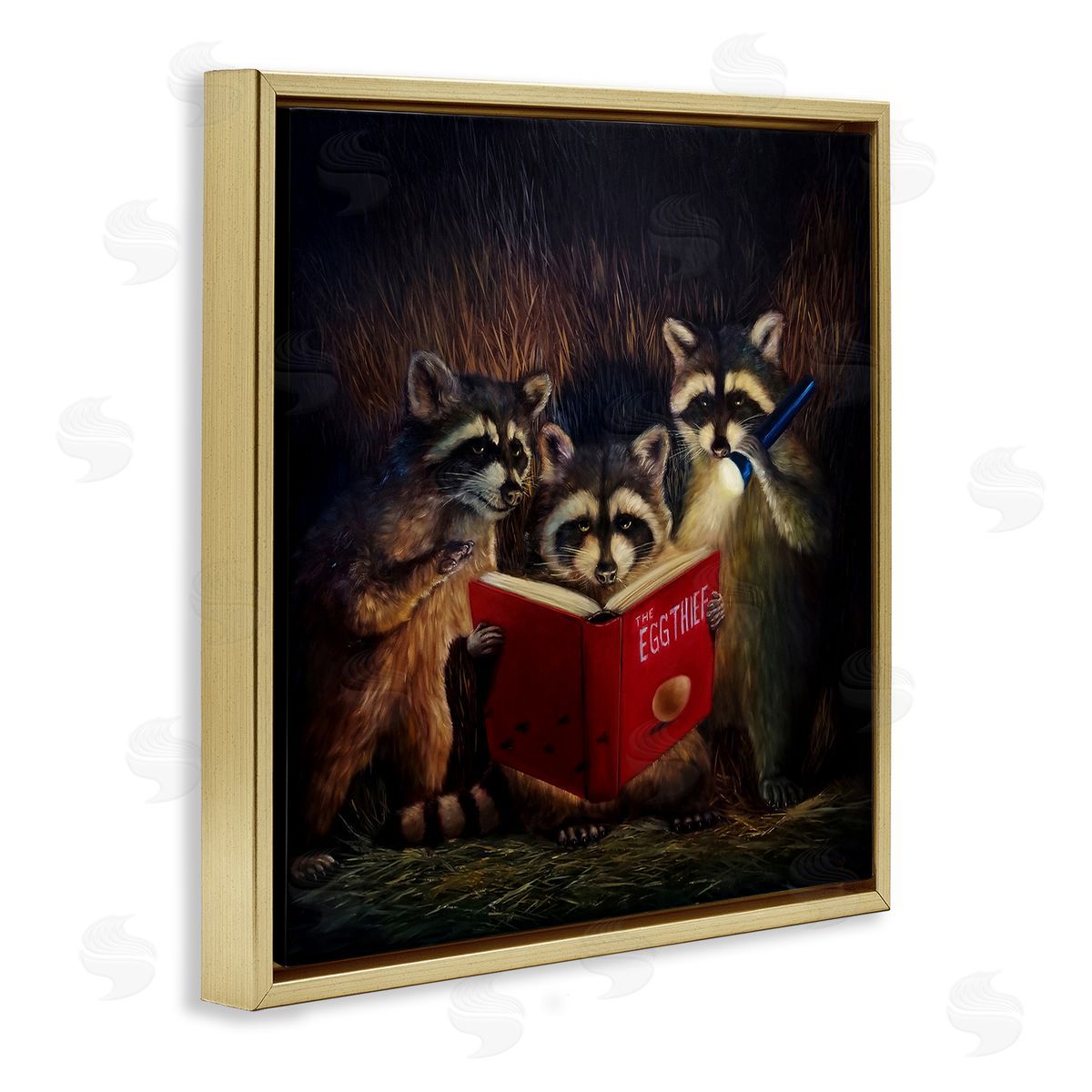 Lucia Heffernan Fun Raccoon Trio Reading Book Gold Floating Frame Canvas Wall Art Print