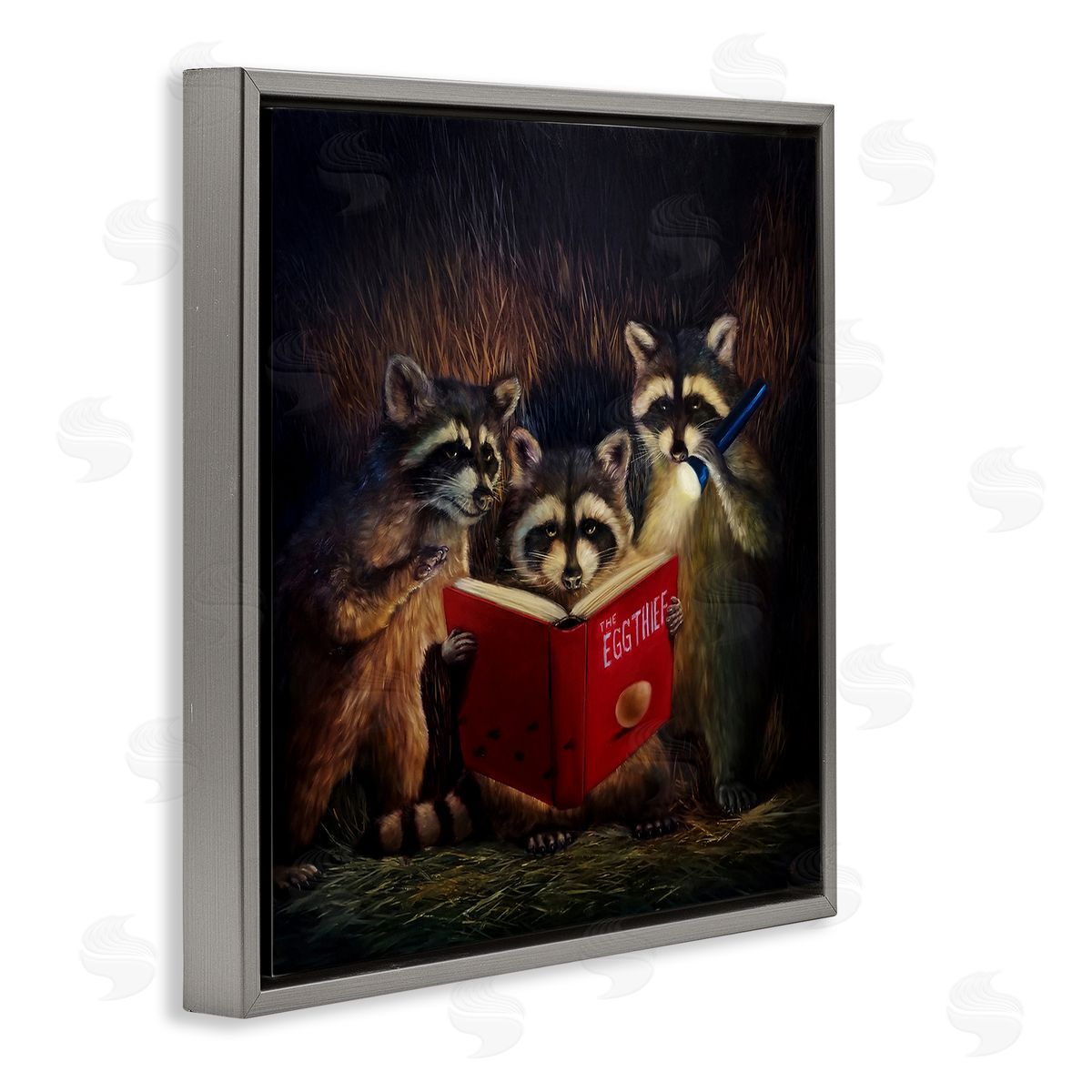 Lucia Heffernan Fun Raccoon Trio Reading Book Gray Floating Frame Canvas Wall Art Print