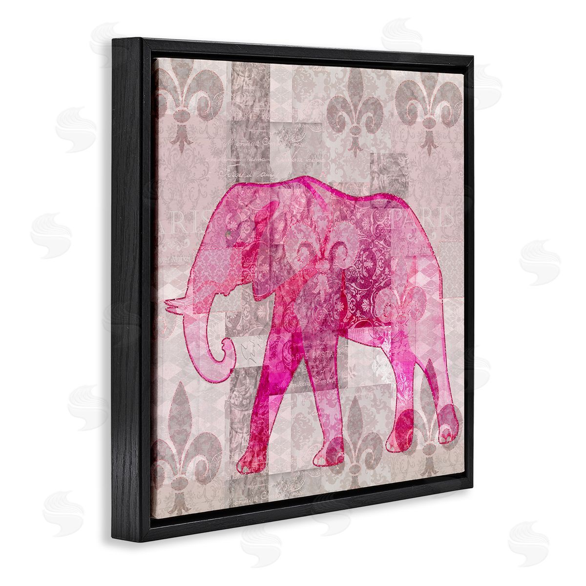 Andrea Haase Fleur De Lis Pink Elephant Pattern Black Floating Frame Canvas Wall Art Print
