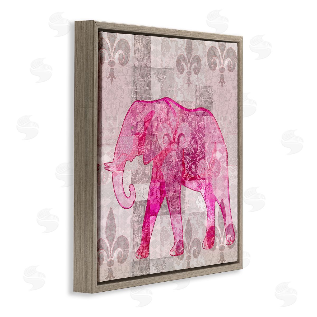 Andrea Haase Fleur De Lis Pink Elephant Pattern Brown Floating Frame Canvas Wall Art Print