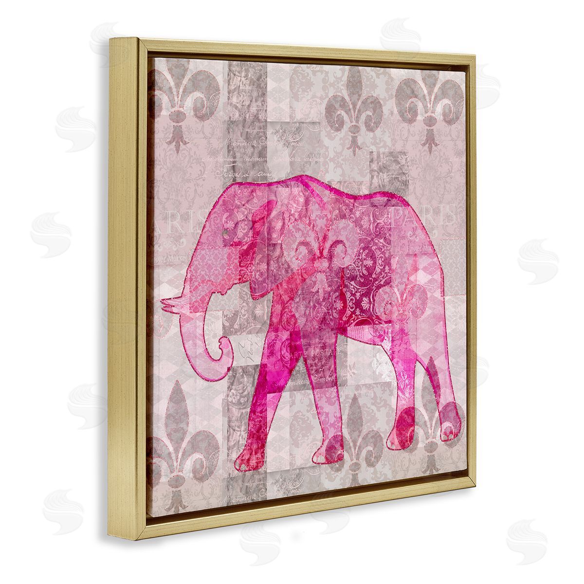 Andrea Haase Fleur De Lis Pink Elephant Pattern Gold Floating Frame Canvas Wall Art Print