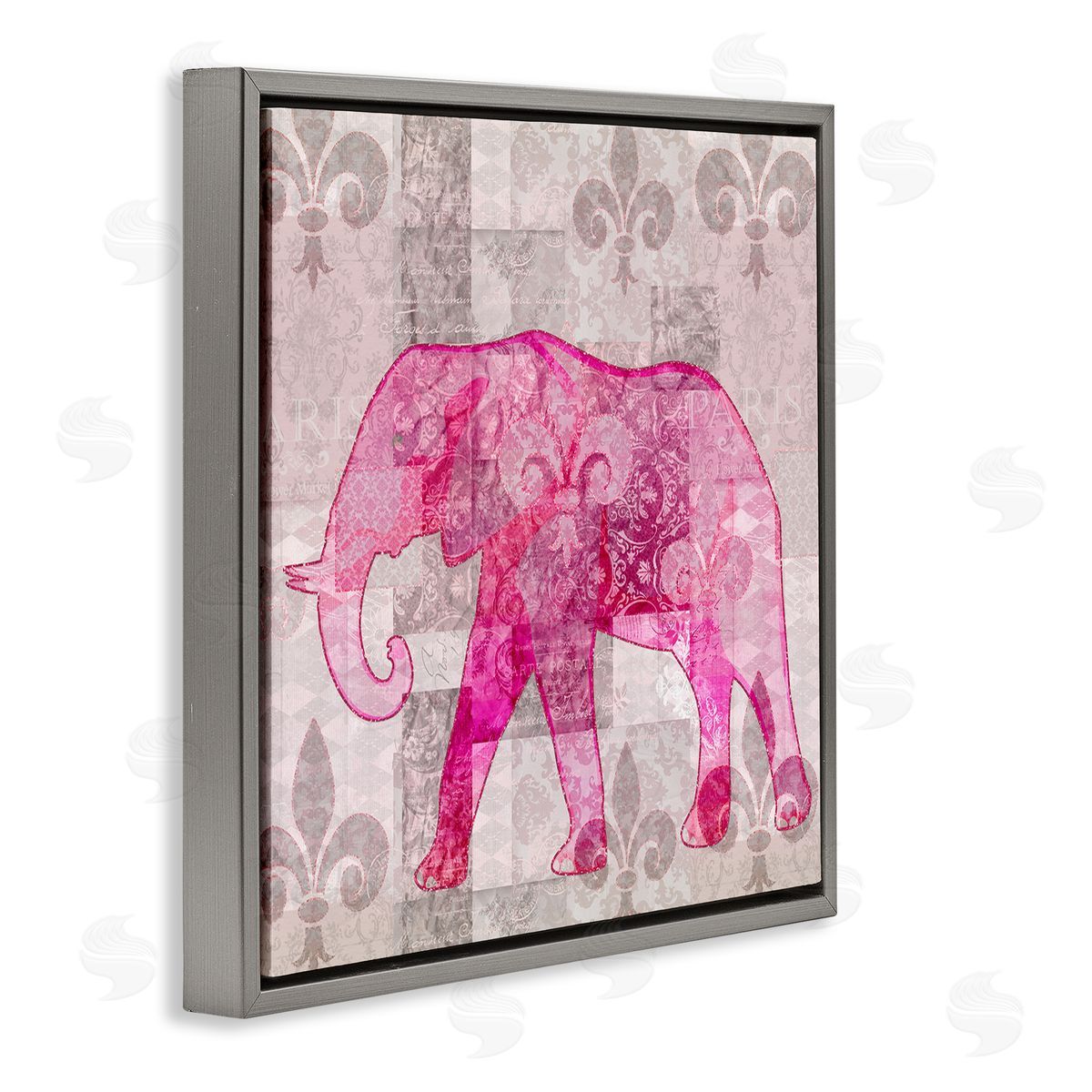 Andrea Haase Fleur De Lis Pink Elephant Pattern Gray Floating Frame Canvas Wall Art Print