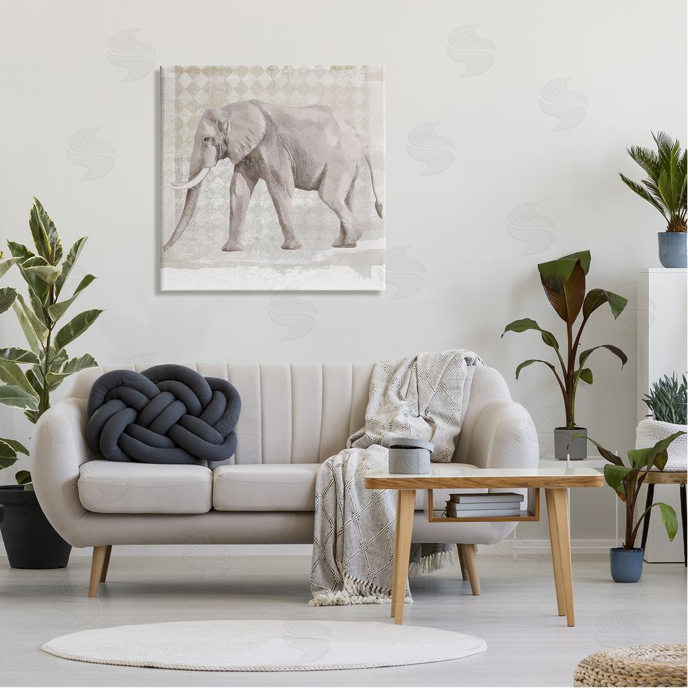 Karen Smith Muted Geometric Elephant Pattern Canvas Wall Art in Room