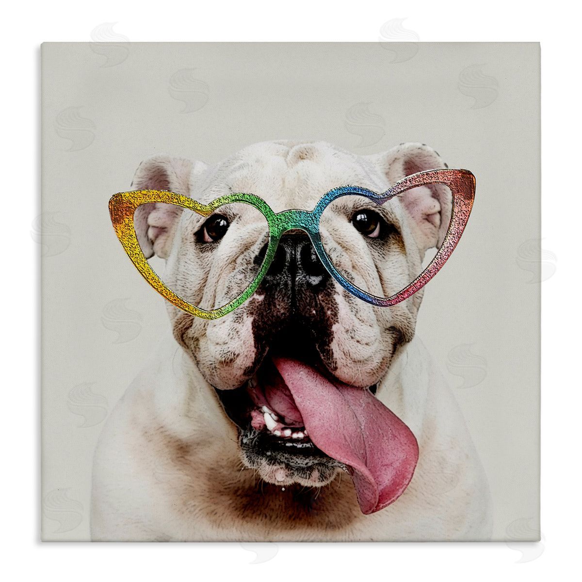 Karen Smith Happy Bulldog Rainbow Heart Glasses Stretched Canvas Wall Art Print