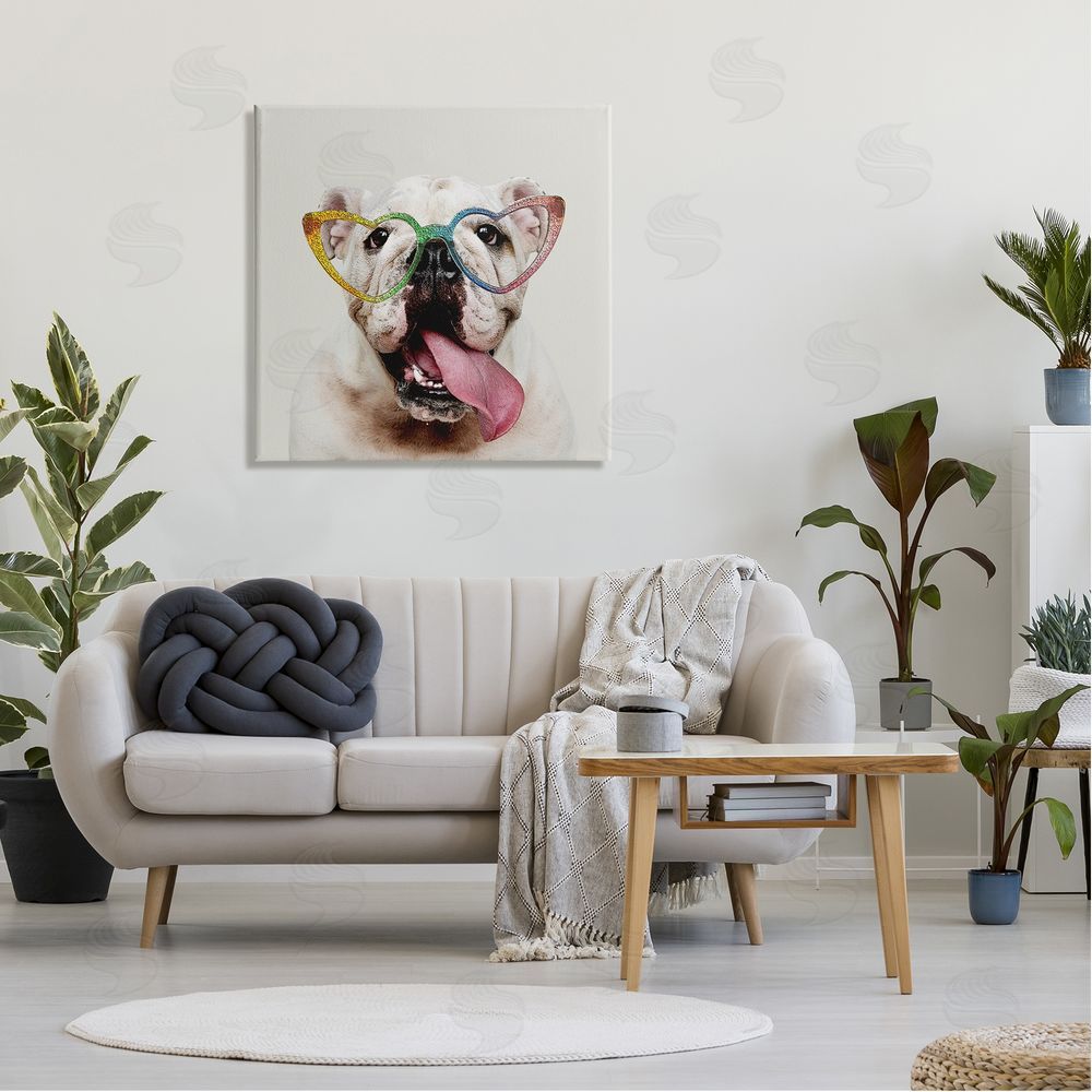 Karen Smith Happy Bulldog Rainbow Heart Glasses Canvas Wall Art in Room