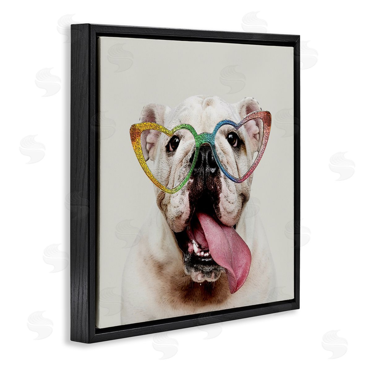 Karen Smith Happy Bulldog Rainbow Heart Glasses Black Floating Frame Canvas Wall Art Print