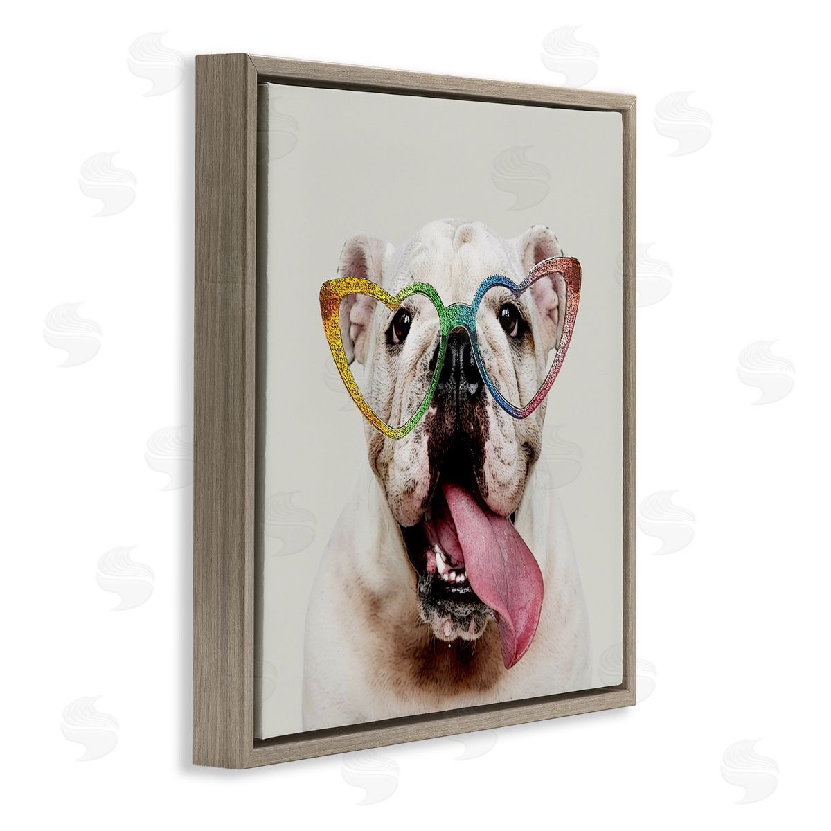 Karen Smith Happy Bulldog Rainbow Heart Glasses Brown Floating Frame Canvas Wall Art Print