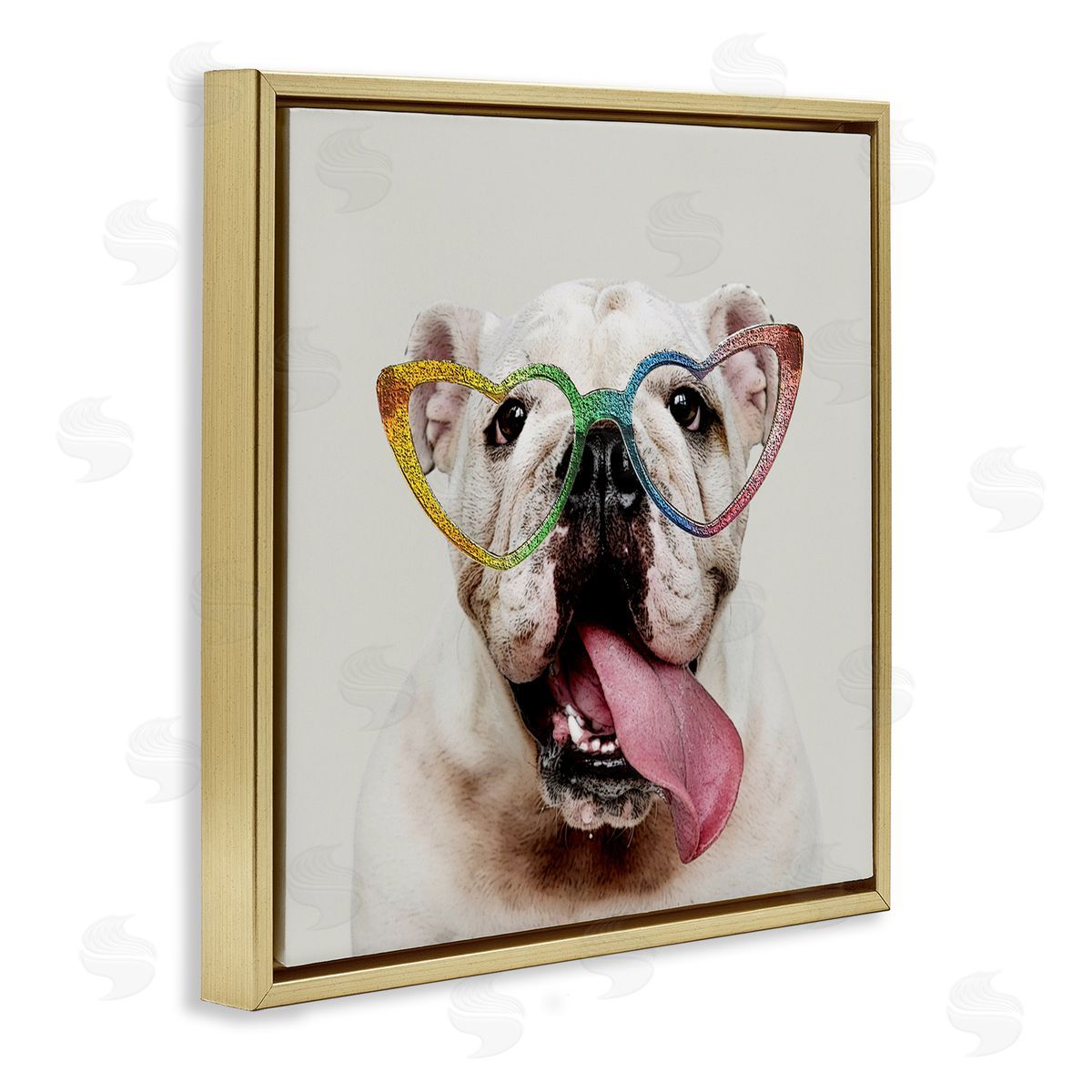 Karen Smith Happy Bulldog Rainbow Heart Glasses Gold Floating Frame Canvas Wall Art Print