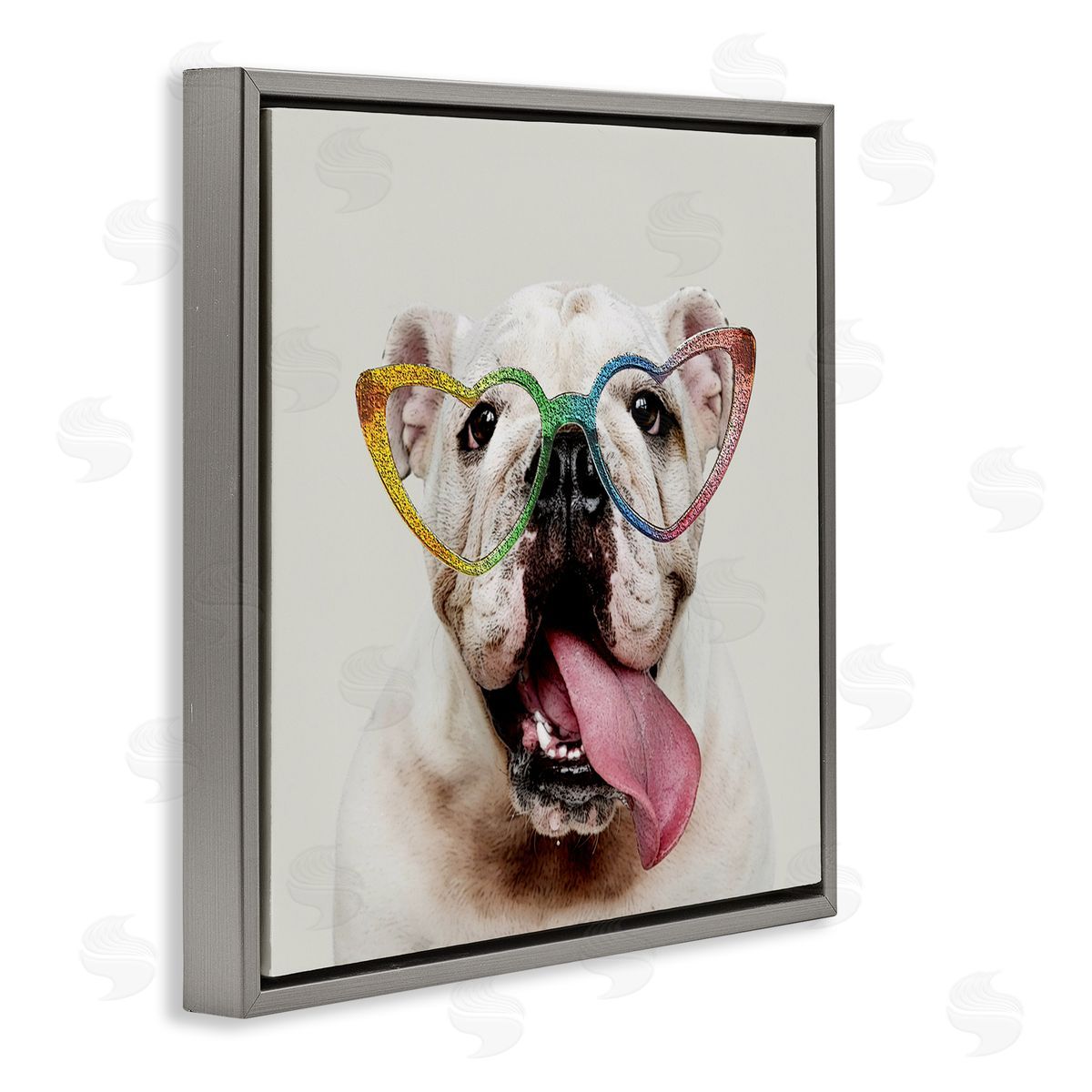 Karen Smith Happy Bulldog Rainbow Heart Glasses Gray Floating Frame Canvas Wall Art Print
