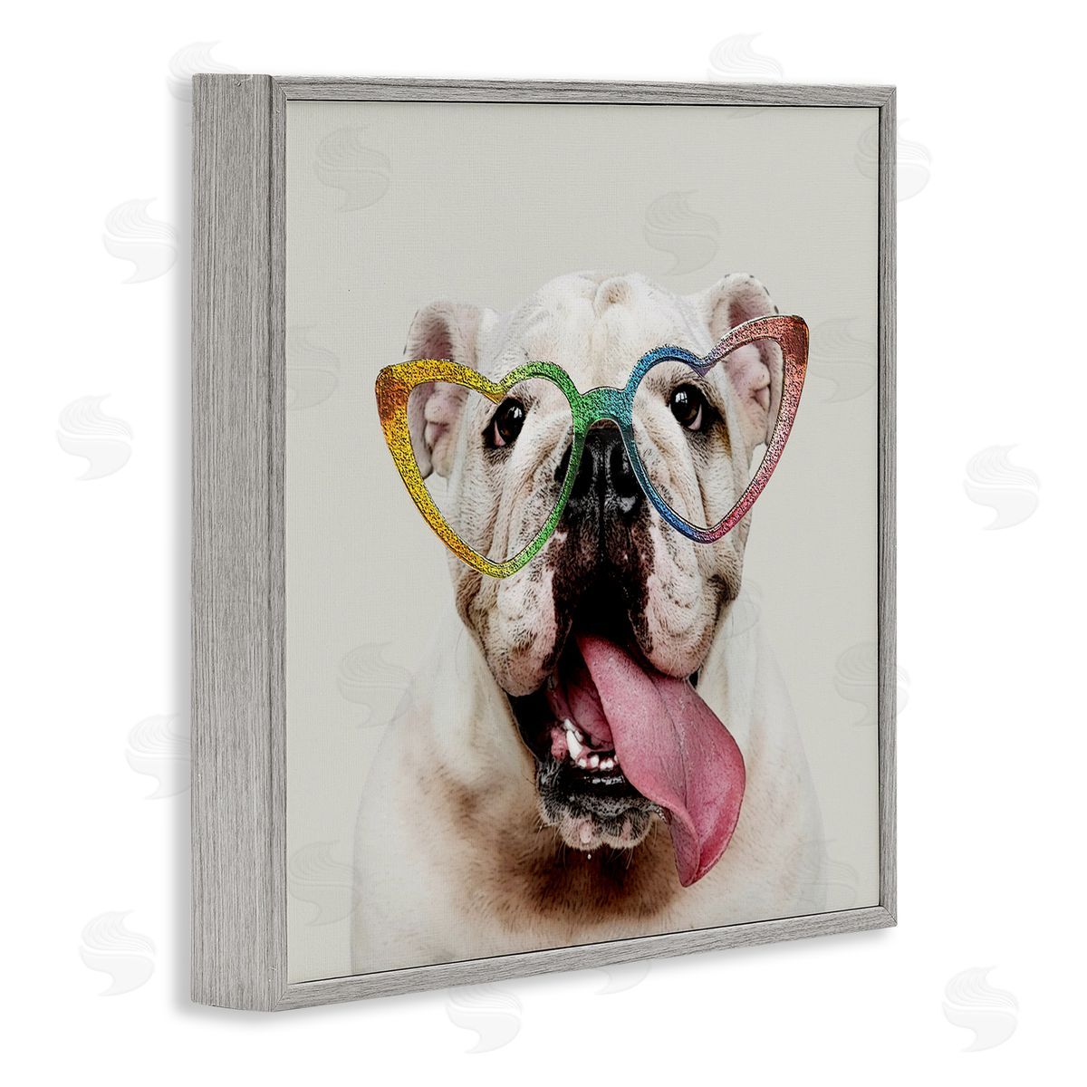 Karen Smith Happy Bulldog Rainbow Heart Glasses Gray Framed Glicee Wall Art Print