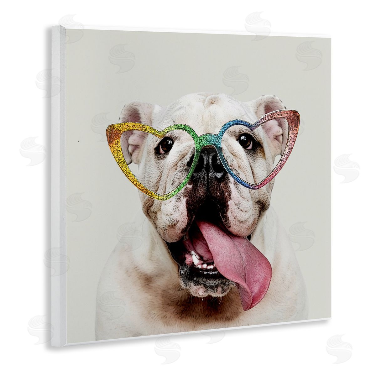 Karen Smith Happy Bulldog Rainbow Heart Glasses Wooden Wall Plaque Art Print