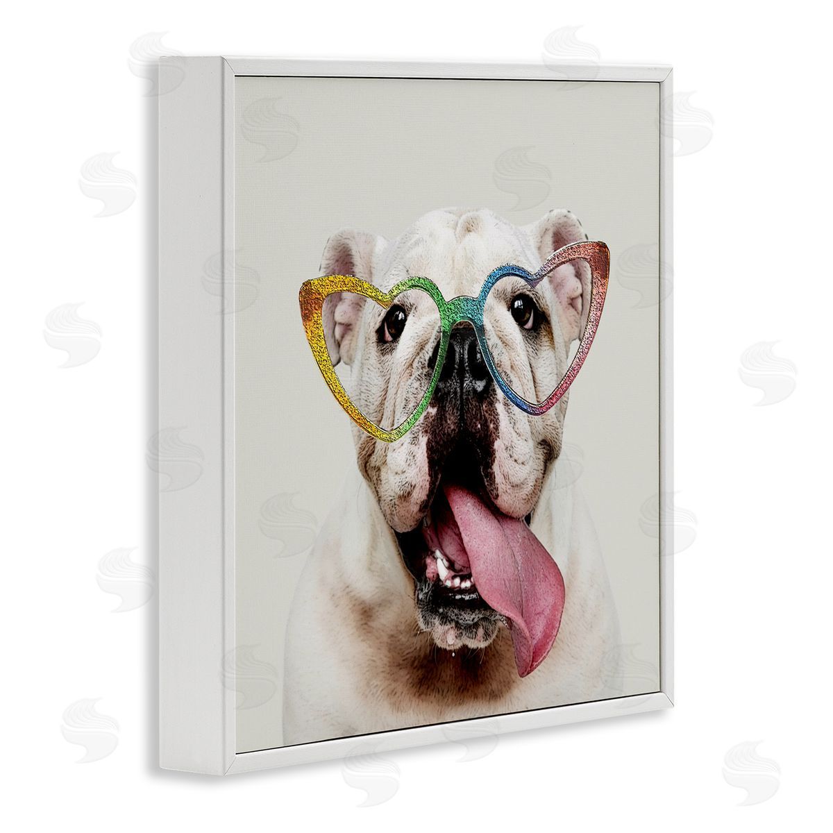Karen Smith Happy Bulldog Rainbow Heart Glasses White Framed Glicee Wall Art Print