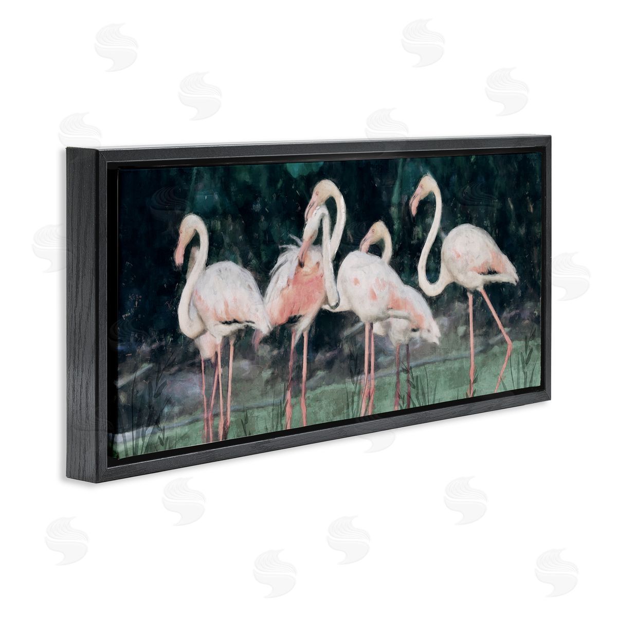 Nina Blue Flock of Flamingos Tropical Waters Black Floating Frame Canvas Wall Art Print