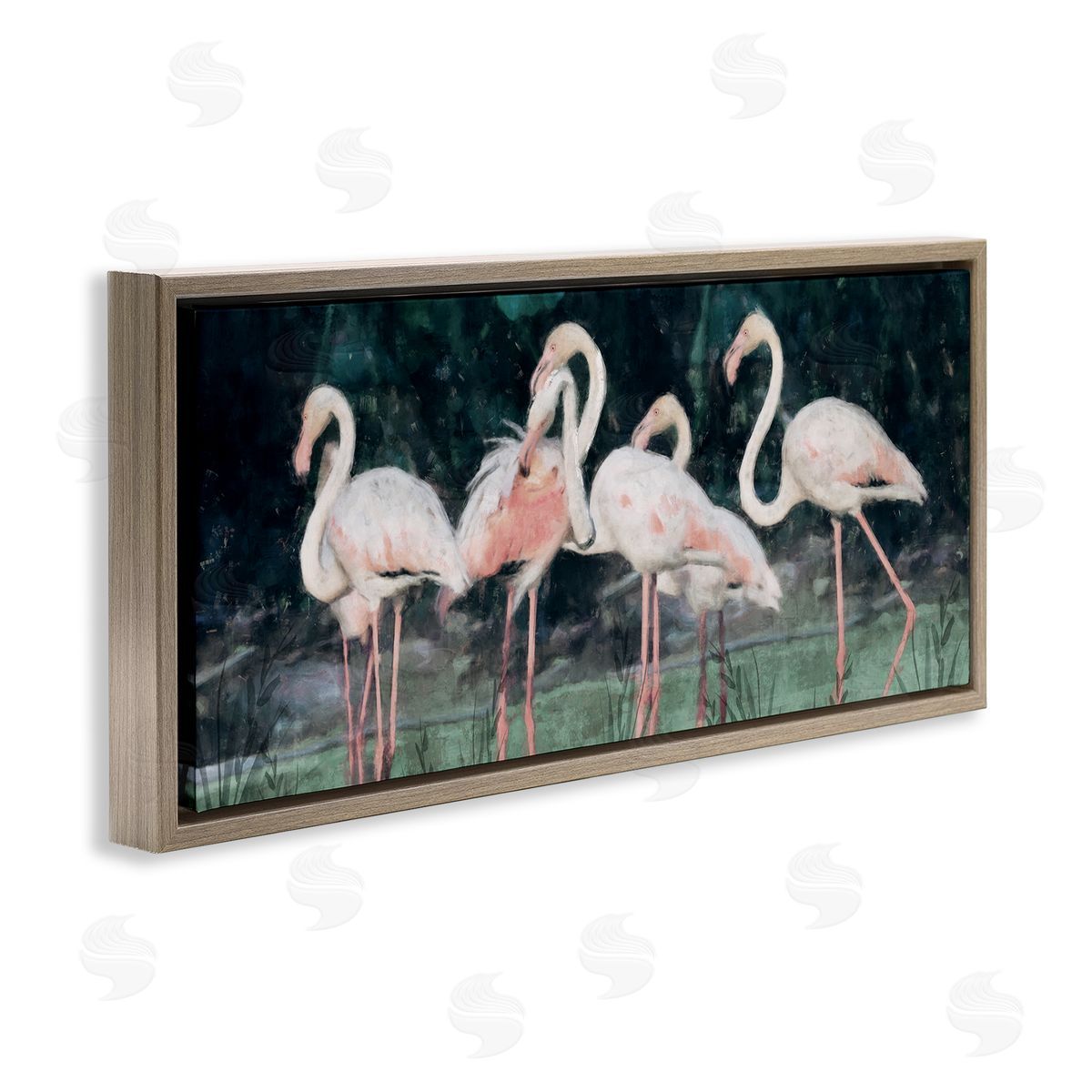Nina Blue Flock of Flamingos Tropical Waters Brown Floating Frame Canvas Wall Art Print