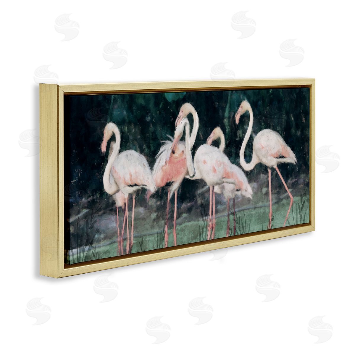 Nina Blue Flock of Flamingos Tropical Waters Gold Floating Frame Canvas Wall Art Print