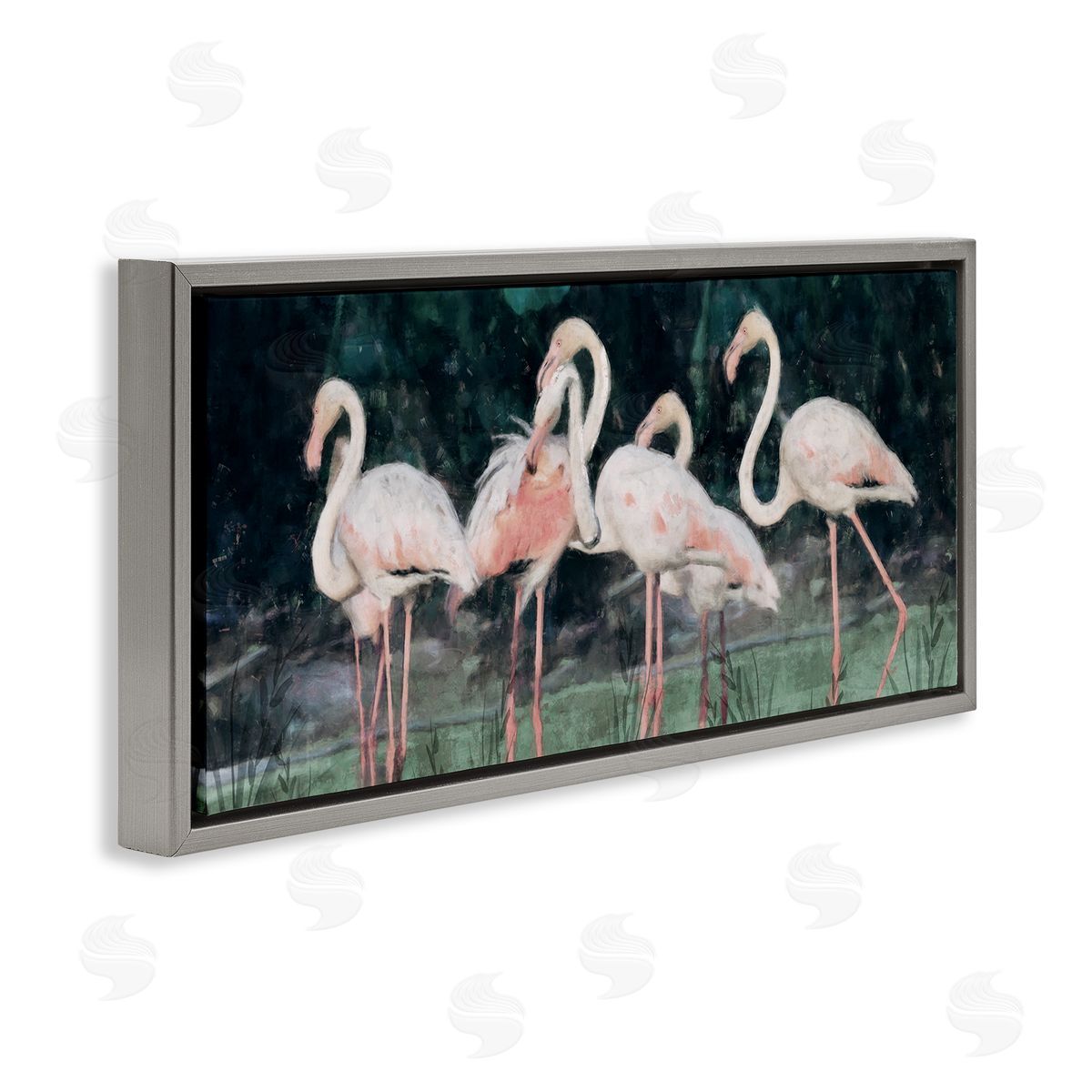 Nina Blue Flock of Flamingos Tropical Waters Gray Floating Frame Canvas Wall Art Print