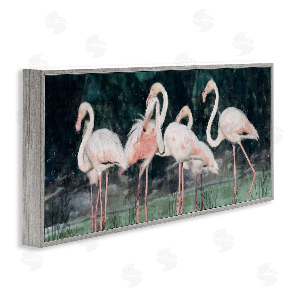 Nina Blue Flock of Flamingos Tropical Waters Gray Framed Glicee Wall Art Print