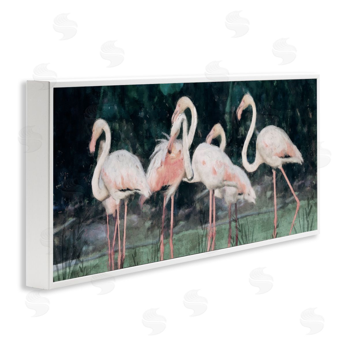Nina Blue Flock of Flamingos Tropical Waters White Framed Glicee Wall Art Print