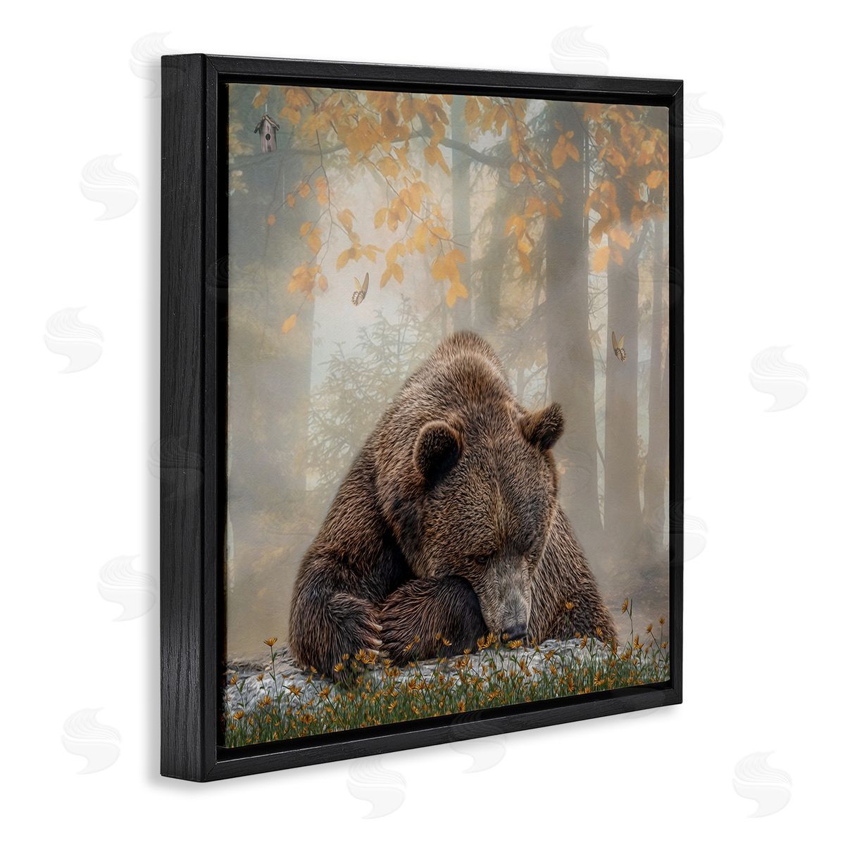 Kelley Parker Autumn Slumber Brown Bear Foliage Black Floating Frame Canvas Wall Art Print