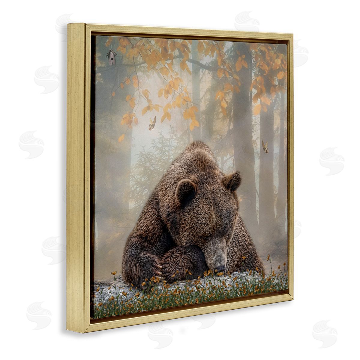 Kelley Parker Autumn Slumber Brown Bear Foliage Gold Floating Frame Canvas Wall Art Print