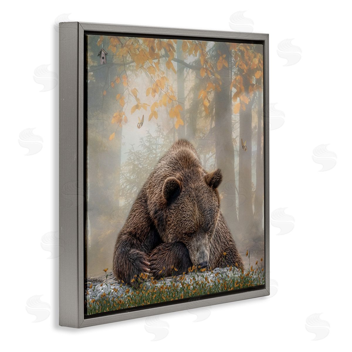 Kelley Parker Autumn Slumber Brown Bear Foliage Gray Floating Frame Canvas Wall Art Print