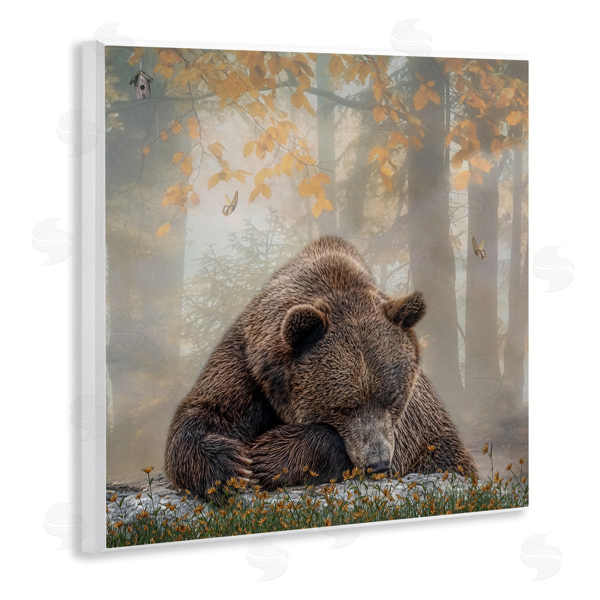 Kelley Parker Autumn Slumber Brown Bear Foliage Wooden Wall Plaque Art Print