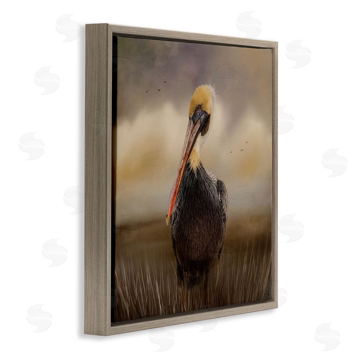Kelley Parker Pelican Cloudy Nature Sky Wildlife Brown Floating Frame Canvas Wall Art Print