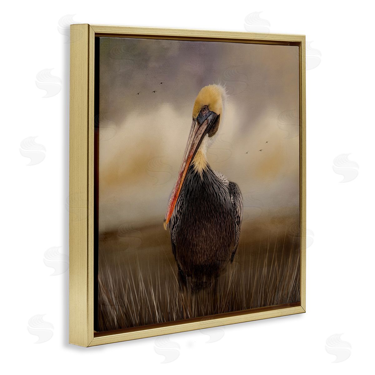 Kelley Parker Pelican Cloudy Nature Sky Wildlife Gold Floating Frame Canvas Wall Art Print