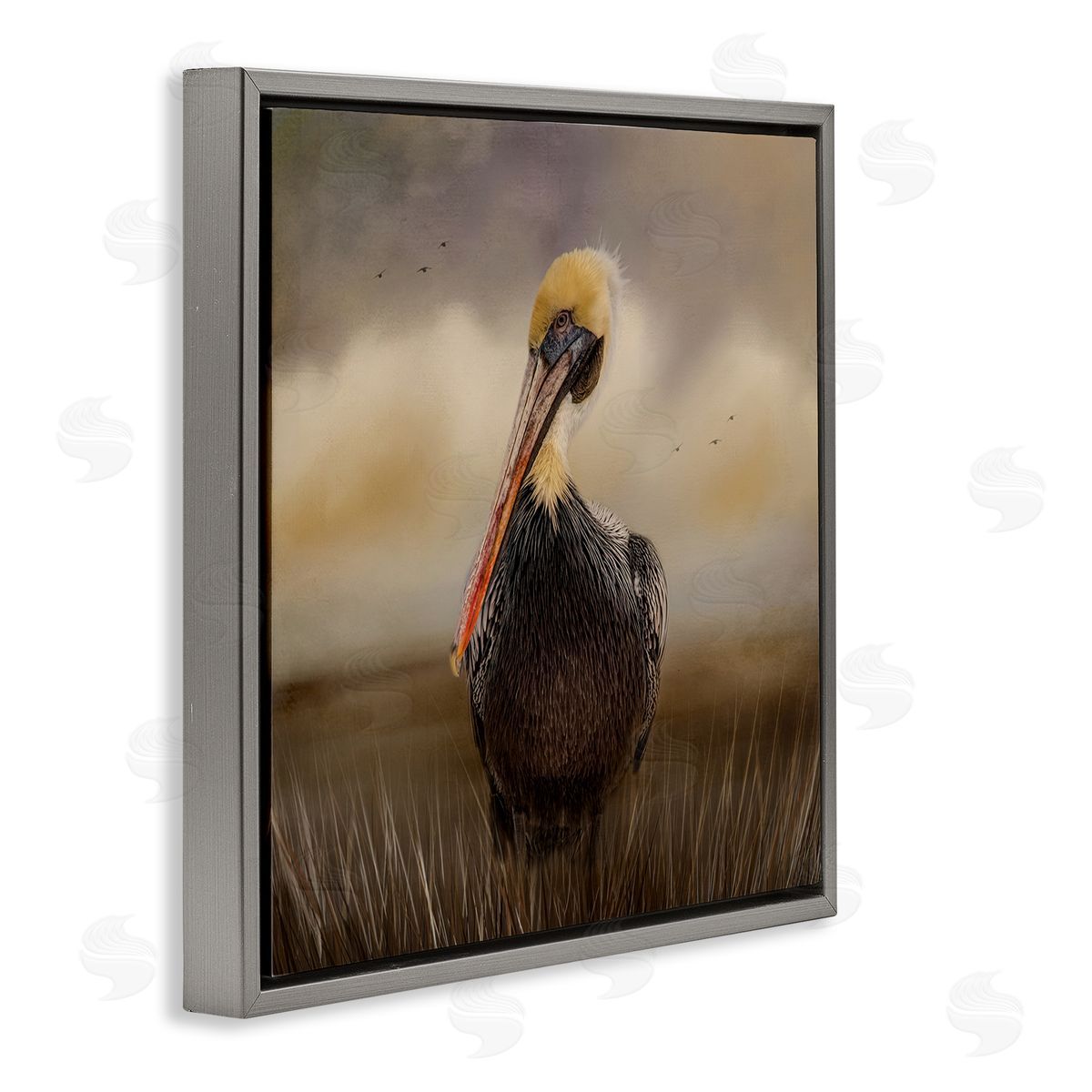 Kelley Parker Pelican Cloudy Nature Sky Wildlife Gray Floating Frame Canvas Wall Art Print