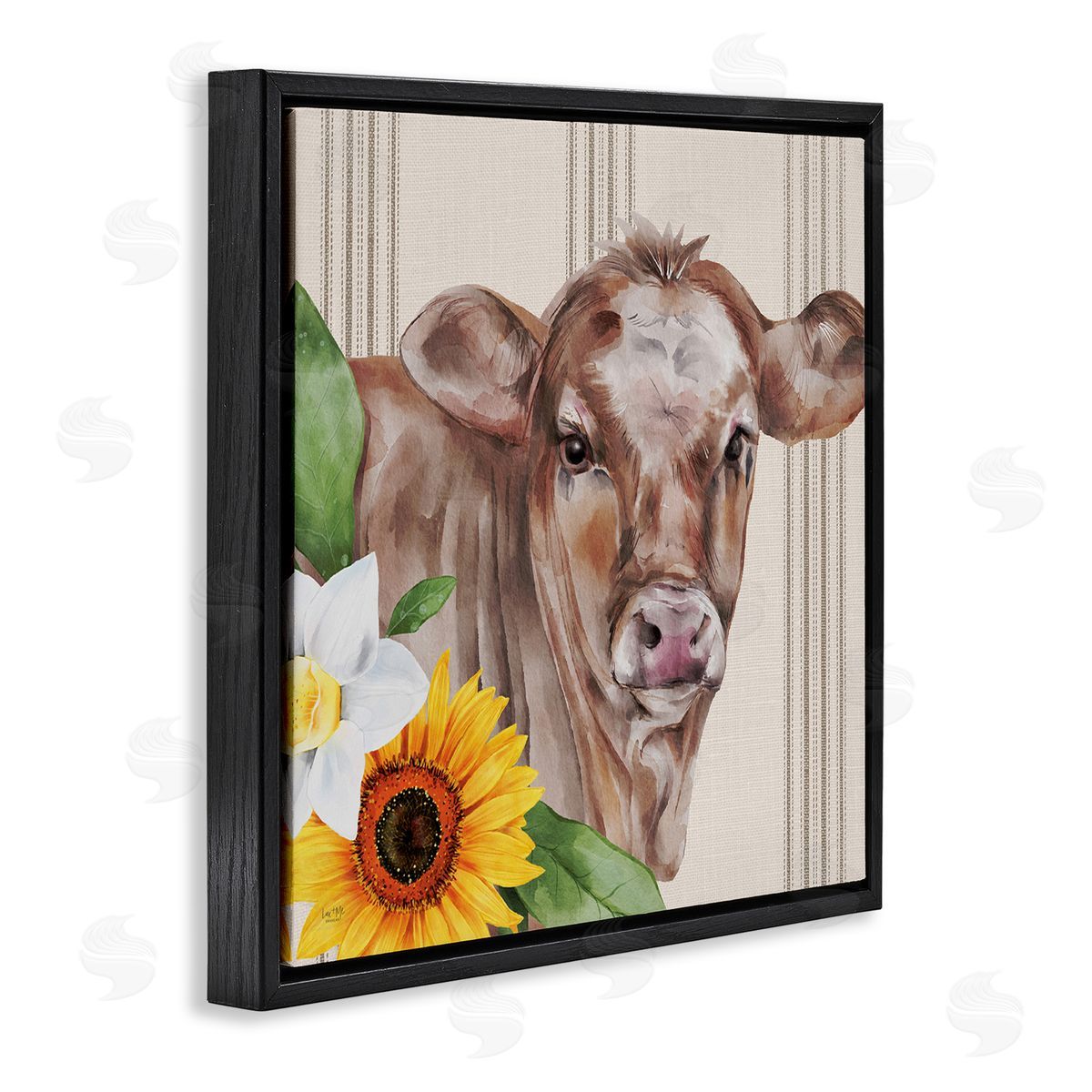 Lux + Me Designs Country Cow Floral Blooms Pattern Black Floating Frame Canvas Wall Art Print