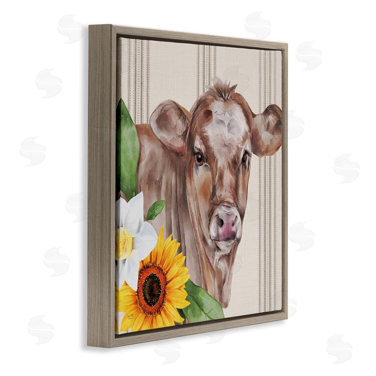 Lux + Me Designs Country Cow Floral Blooms Pattern Brown Floating Frame Canvas Wall Art Print