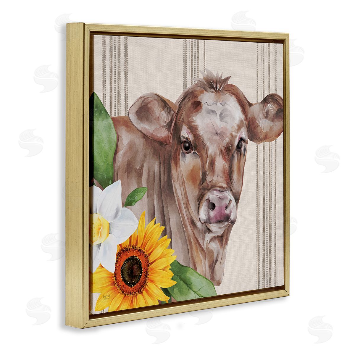 Lux + Me Designs Country Cow Floral Blooms Pattern Gold Floating Frame Canvas Wall Art Print