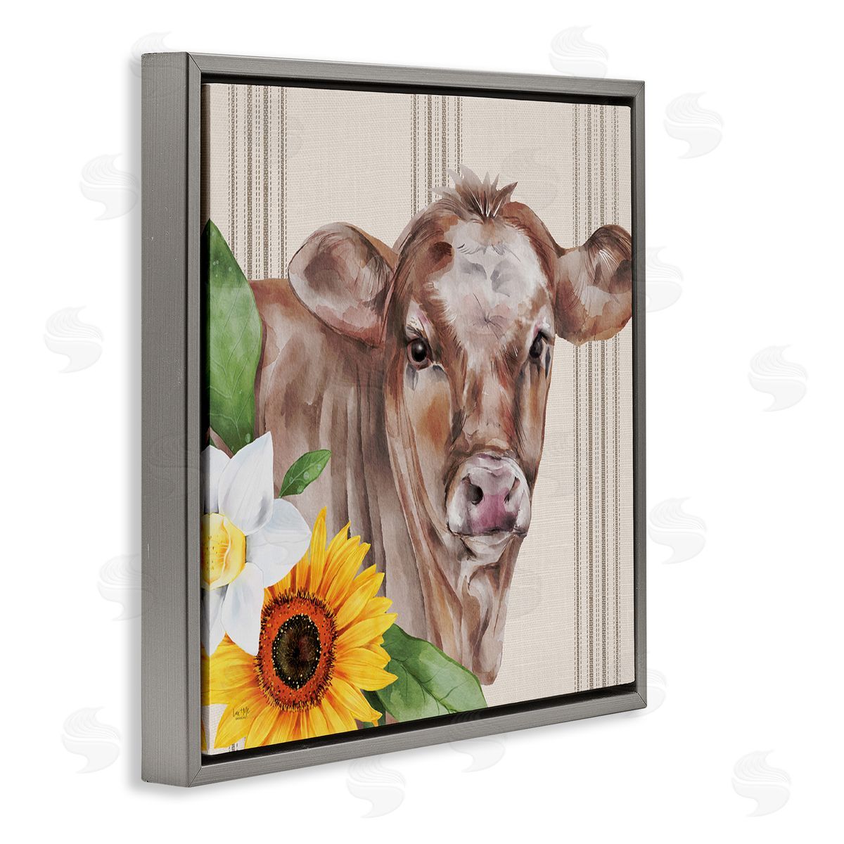 Lux + Me Designs Country Cow Floral Blooms Pattern Gray Floating Frame Canvas Wall Art Print
