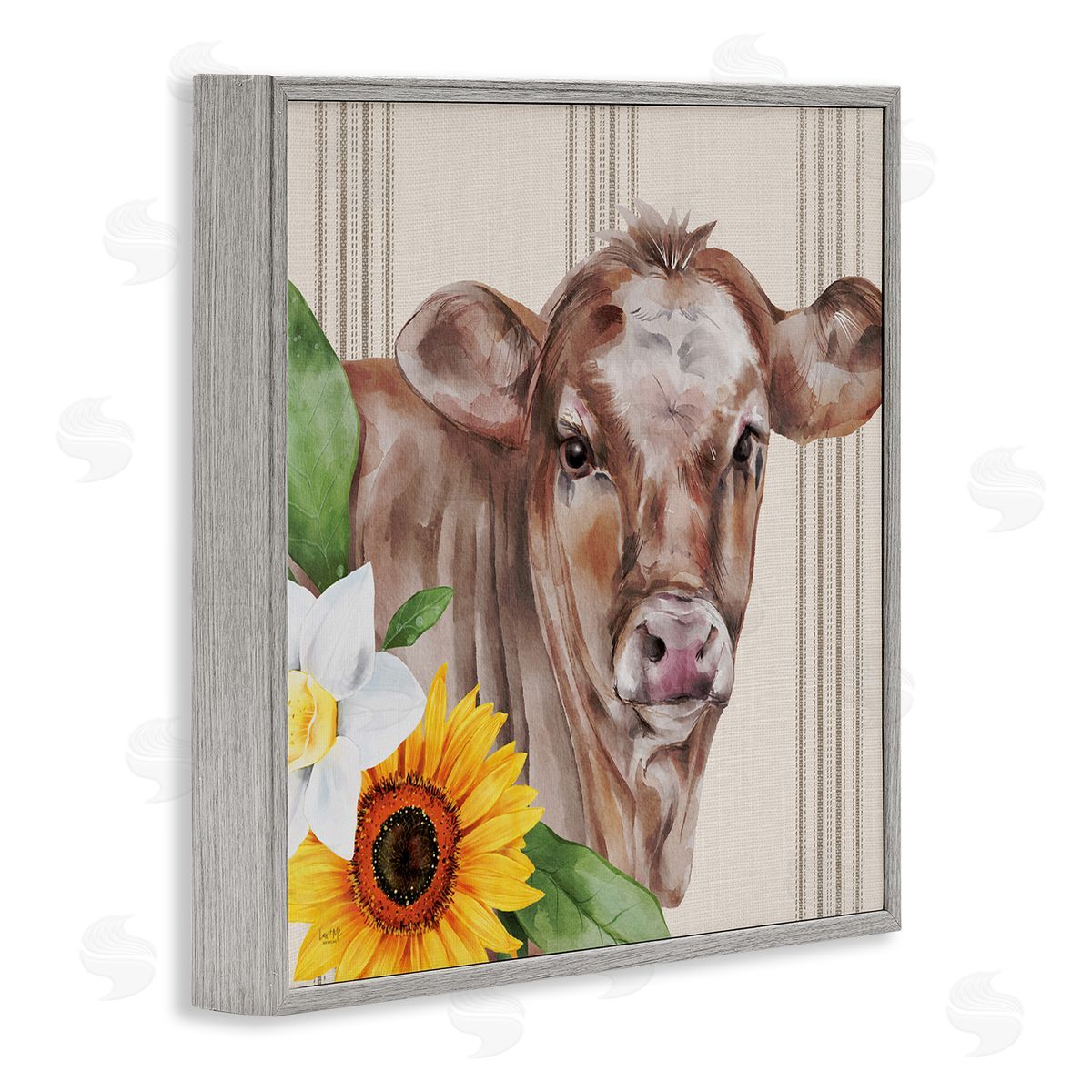 Lux + Me Designs Country Cow Floral Blooms Pattern Gray Framed Glicee Wall Art Print