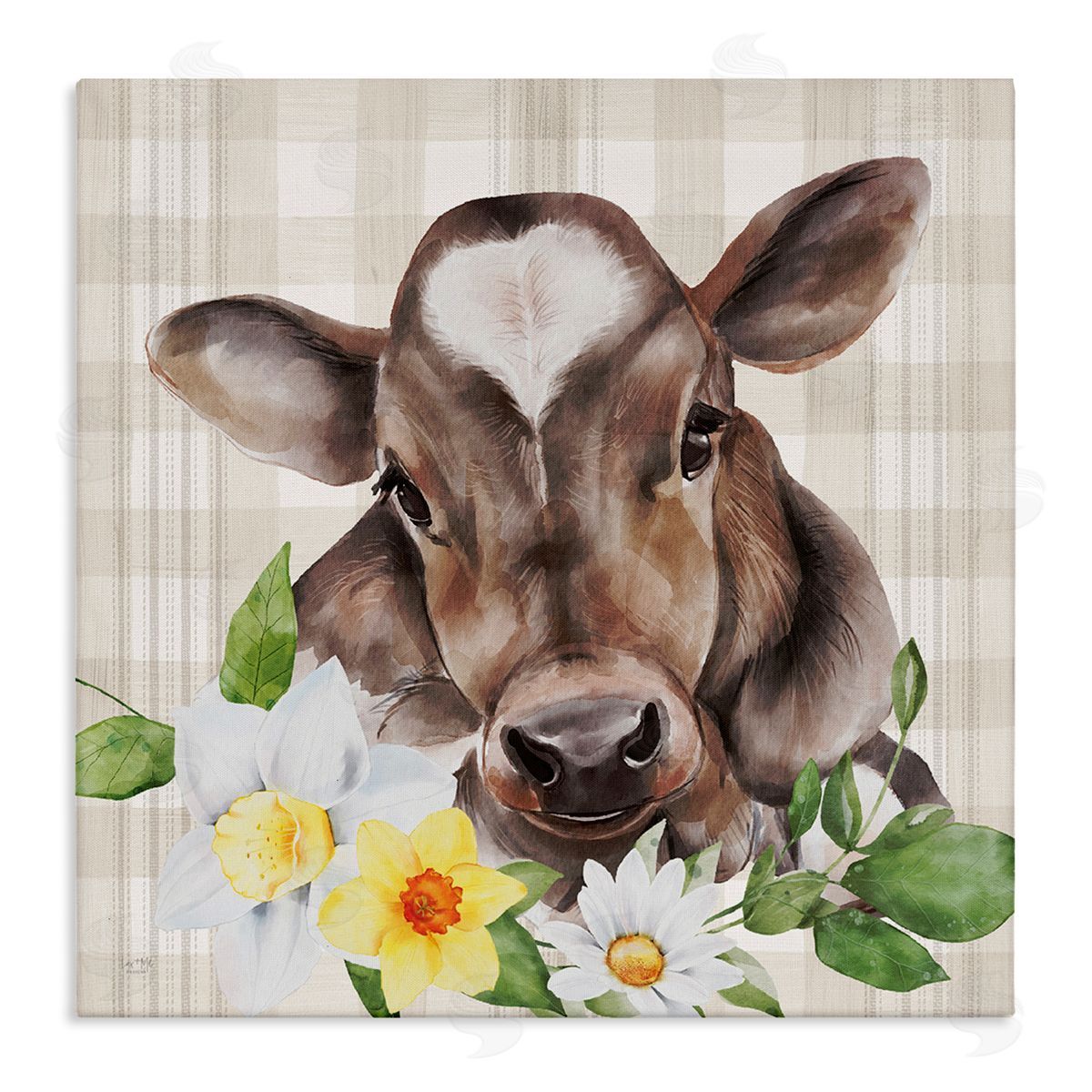 Lux + Me Designs Country Gingham Floral Cow Stretched Canvas Wall Art Print