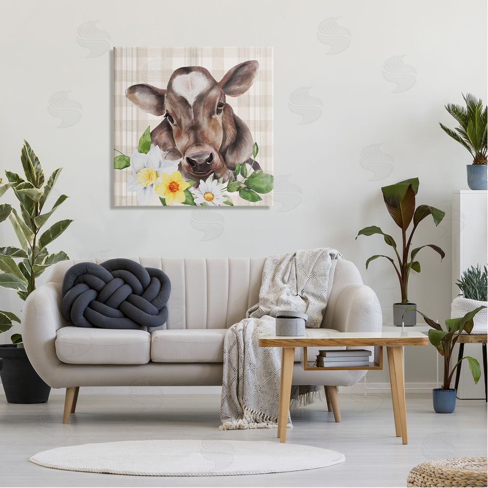 Lux + Me Designs Country Gingham Floral Cow Canvas Wall Art in Room