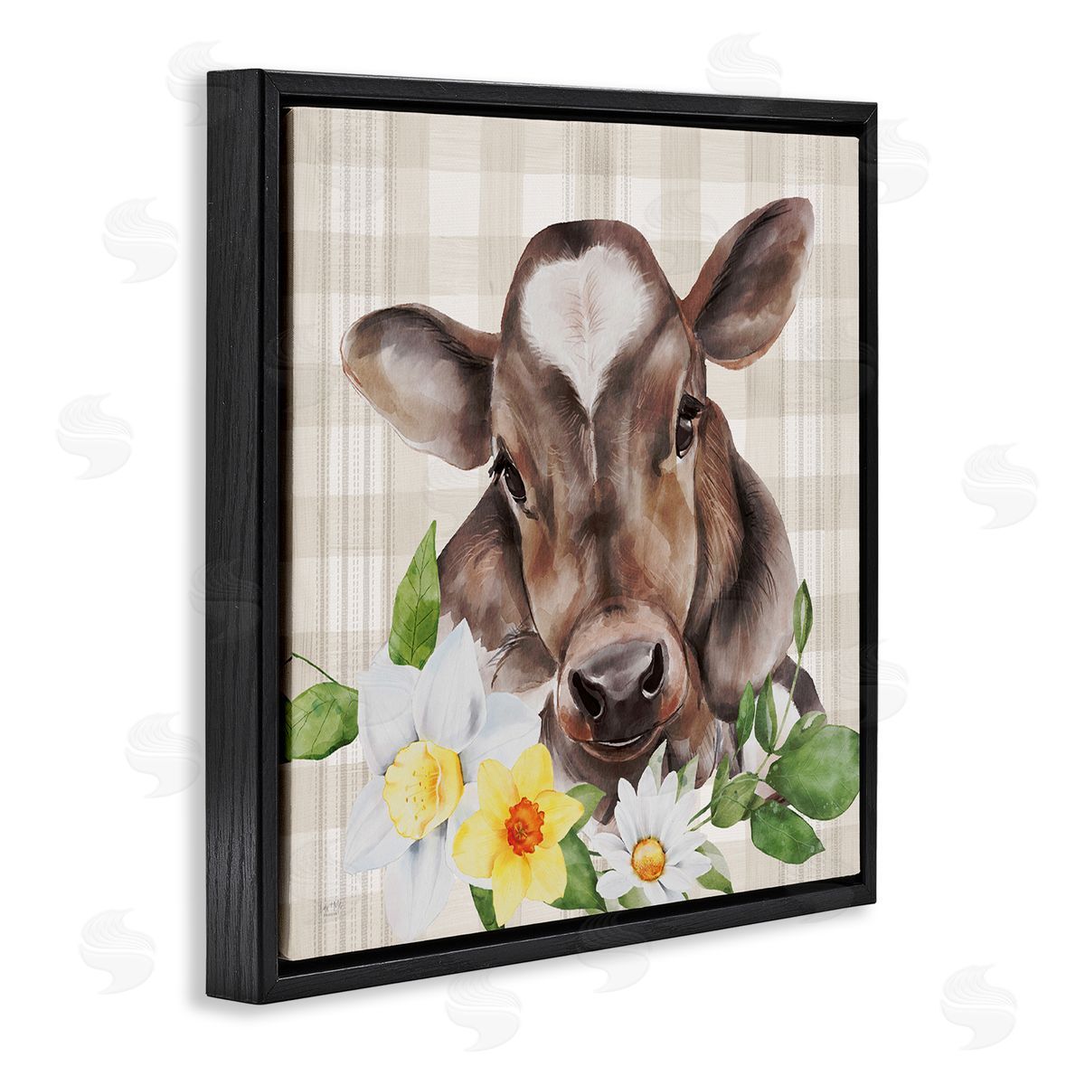 Lux + Me Designs Country Gingham Floral Cow Black Floating Frame Canvas Wall Art Print
