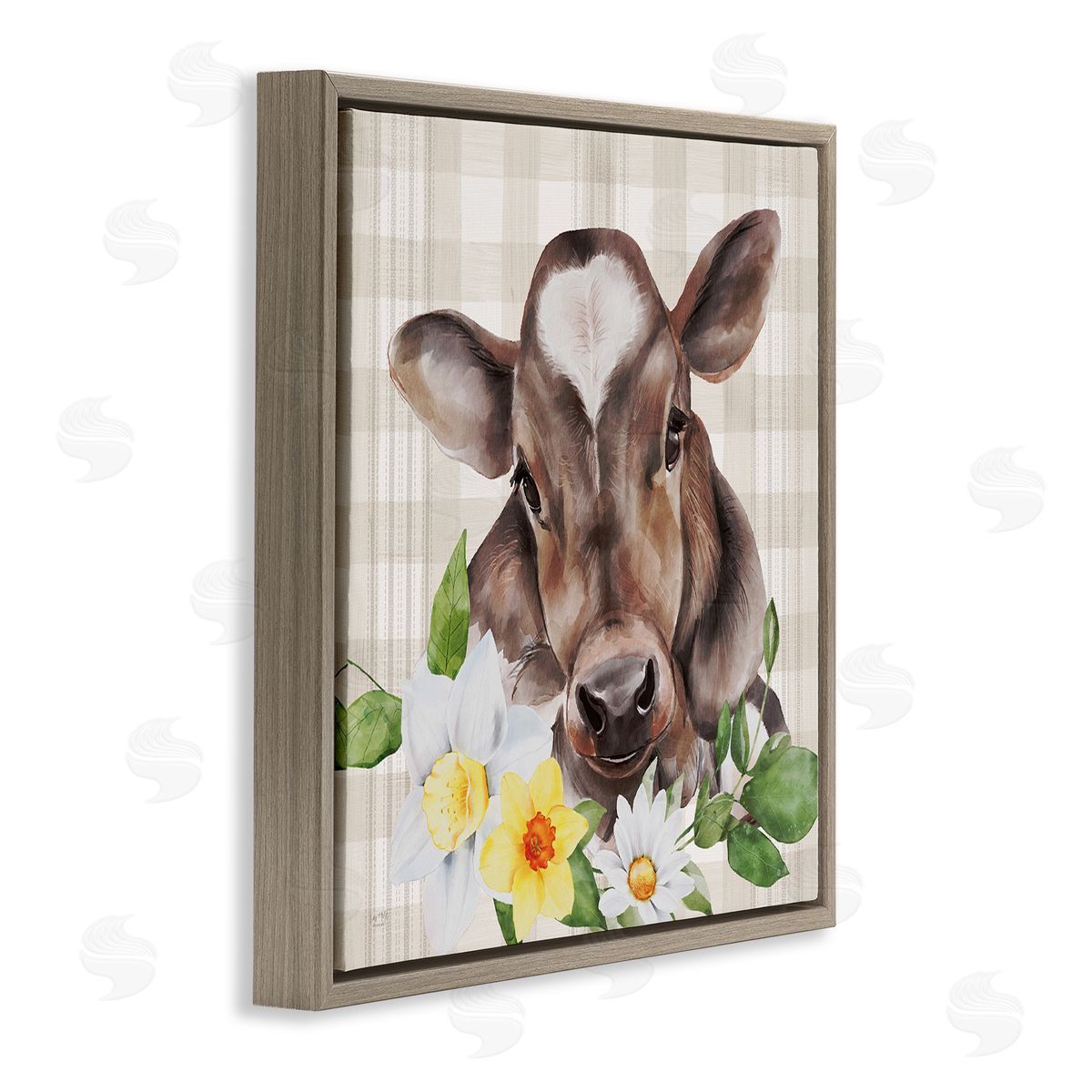 Lux + Me Designs Country Gingham Floral Cow Brown Floating Frame Canvas Wall Art Print
