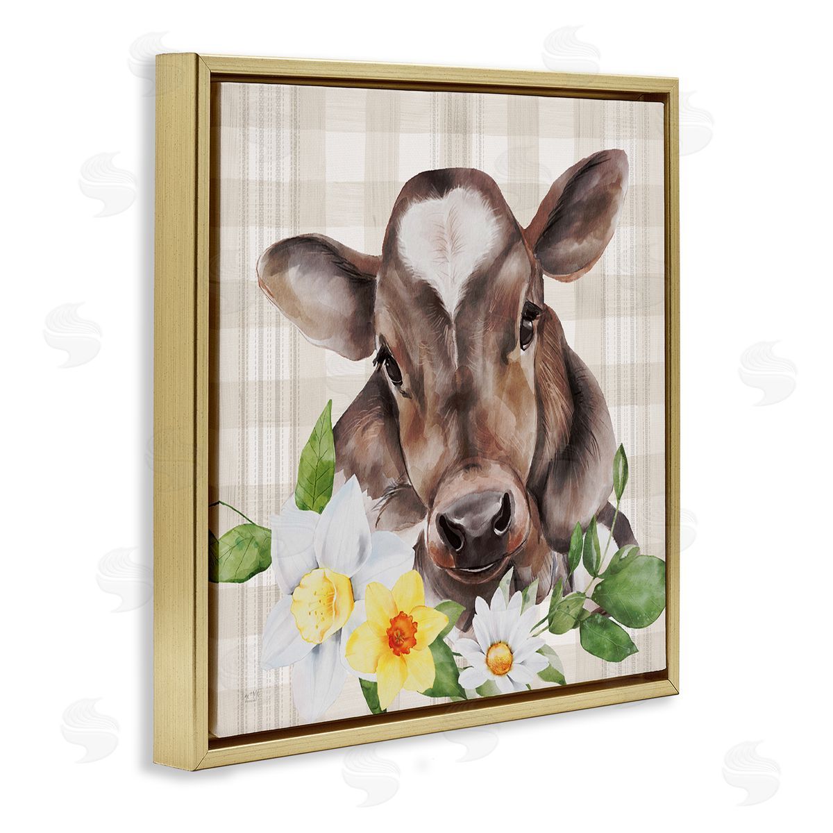 Lux + Me Designs Country Gingham Floral Cow Gold Floating Frame Canvas Wall Art Print