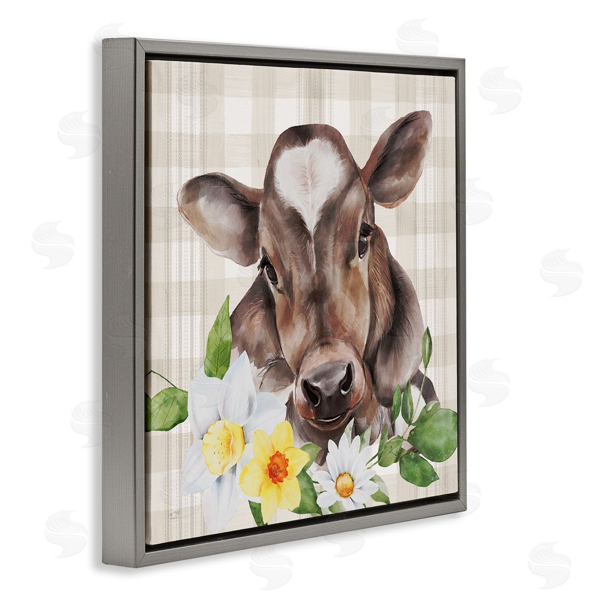 Lux + Me Designs Country Gingham Floral Cow Gray Floating Frame Canvas Wall Art Print
