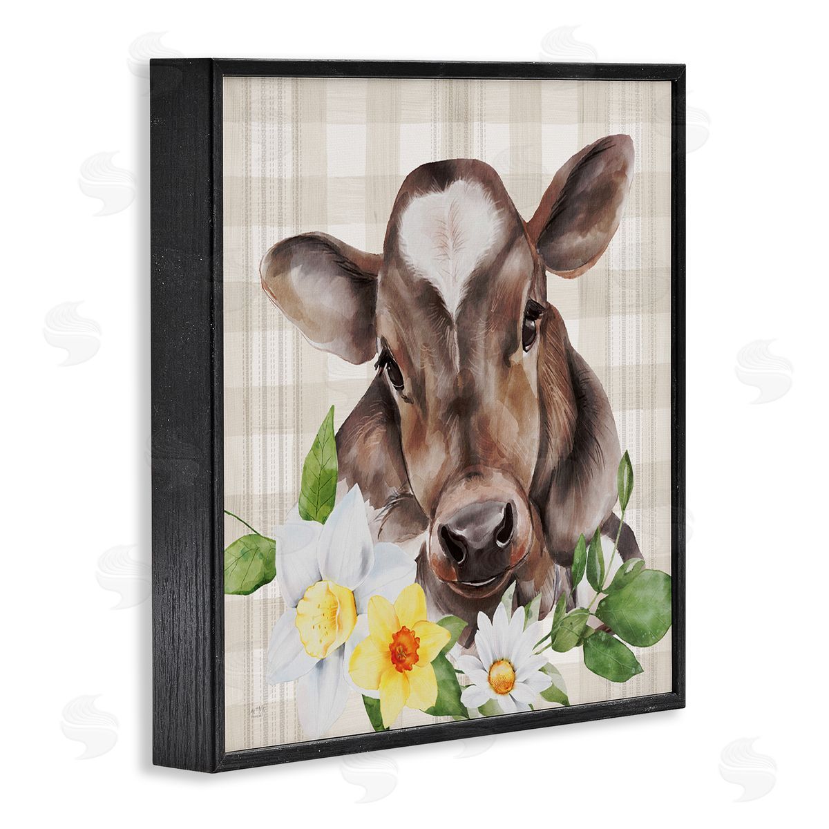 Lux + Me Designs Country Gingham Floral Cow Black Framed Glicee Wall Art Print