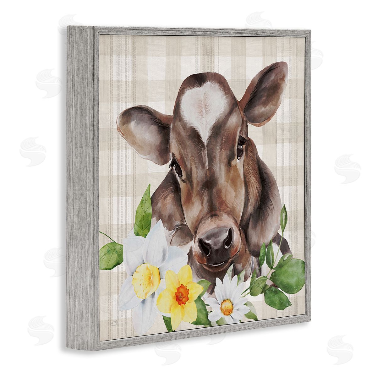 Lux + Me Designs Country Gingham Floral Cow Gray Framed Glicee Wall Art Print
